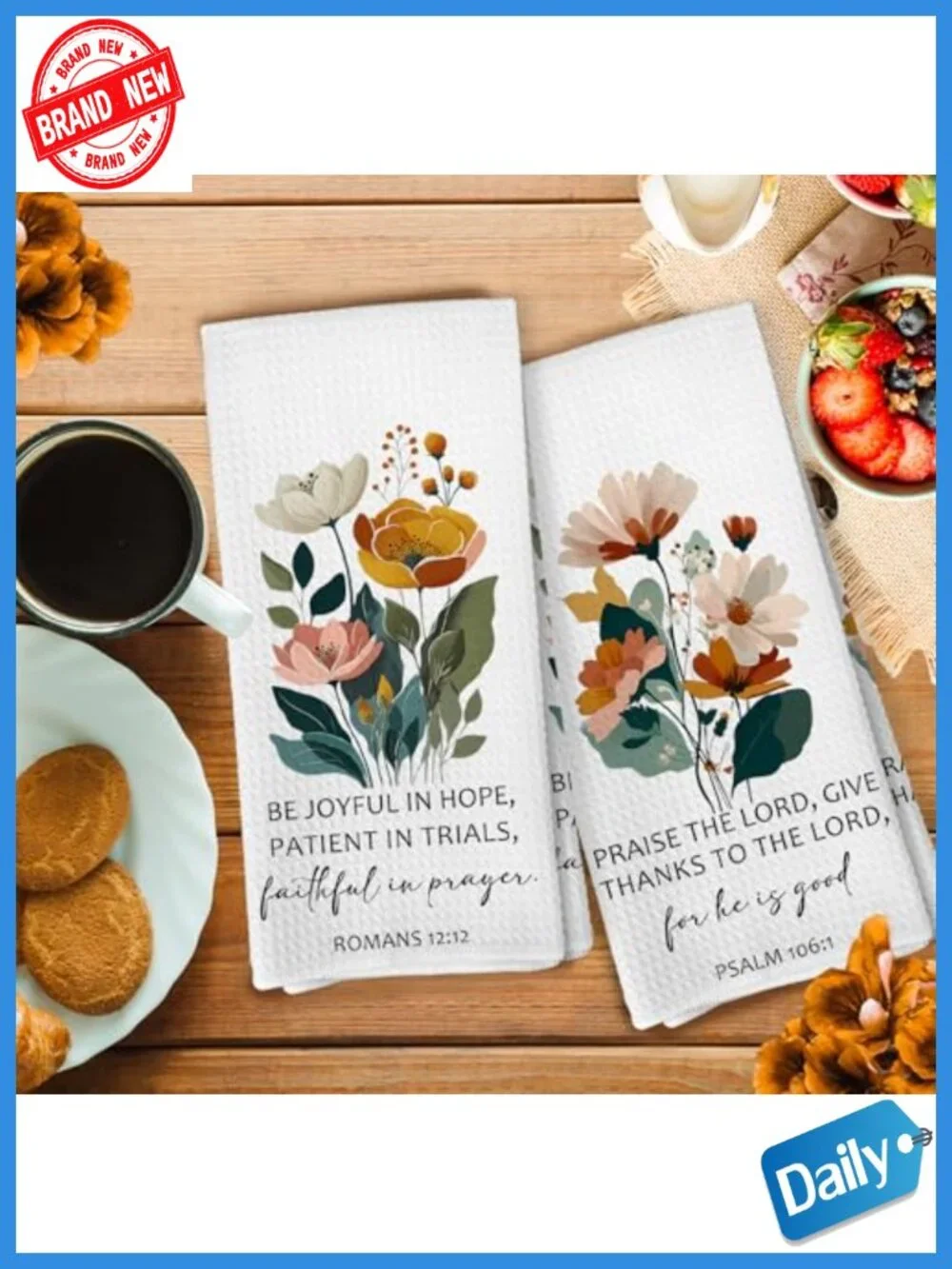 Floral Bible Verse Kitchen Towels Set of 2, 16x24, Polyester, Machine Washable,